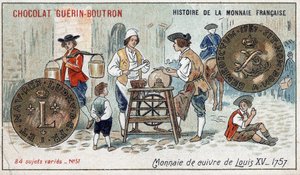 Seria Historia waluty francuskiej wydana przez Chocolat Guérin Boutron. XIX-wieczna chromolitografia. Miedziana Moneta Ludwika XV w 1757 r. autorstwa Unknown artist