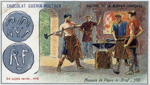 Seria Historia waluty francuskiej wydana przez Chocolat Guérin Boutron. XIX-wieczna chromolitografia. Pepin waluta krótki w 752 autorstwa Unknown artist