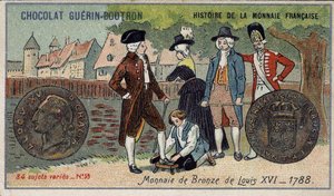 Seria Historia waluty francuskiej wydana przez Chocolat Guérin Boutron. XIX-wieczna chromolitografia. Brązowa moneta Ludwika XVI z 1788 r. autorstwa Unknown artist
