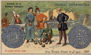 Seria Historia waluty francuskiej wydana przez Chocolat Guérin Boutron. XIX-wieczna chromolitografia. Wielkie turnieje. Srebro św. Ludwika. 1226 autorstwa Unknown artist