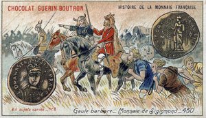 Seria Historia waluty francuskiej wydana przez Chocolat Guérin Boutron. XIX-wieczna chromolitografia. Gali Barbarzyńców. Waluta Zygmunta. autorstwa Unknown artist