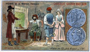 Seria Historia waluty francuskiej wydana przez Chocolat Guérin Boutron. XIX-wieczna chromolitografia. monety 15 srebrnych gleb z 1791 r autorstwa Unknown artist