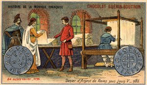 Seria Historia waluty francuskiej wydana przez Chocolat Guérin Boutron. XIX-wieczna chromolitografia. Srebrny Denier z Reims pod rządami Ludwika V w 986 r. autorstwa Unknown artist