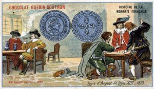 Seria Historia waluty francuskiej wydana przez Chocolat Guérin Boutron. XIX-wieczna chromolitografia. Ludwik XIII Srebrny Ludwik w 1610 autorstwa Unknown artist