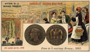 Seria Historia waluty francuskiej wydana przez Chocolat Guérin Boutron. XIX-wieczna chromolitografia. 5-centowa brązowa moneta z 1860 r. Napoleon III. autorstwa Unknown artist