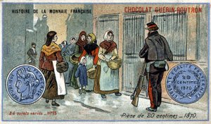 Seria Historia waluty francuskiej wydana przez Chocolat Guérin Boutron. XIX-wieczna chromolitografia. Moneta 20 centymów w 1870 autorstwa Unknown artist