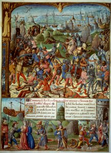 Siódma Krucjata (1248-1254). Na szczycie, Ludwik IX (Saint Louis) (1215-1270), król Francji, z przeprawami po pokonaniu przez Saracenów pod Mansourah w 1250. Wycofali się za wieże Damaszku. Ludwik IX i jego dwaj bracia zostają pojmani autorstwa Unknown artist
