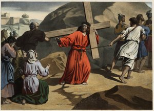 Wspięła się na Kalwarię: Jezus niosący krzyż pocieszył córki jerozolimskie. Anonimowy rycina z połowy XIX wieku. autorstwa Unknown artist