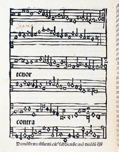 Strona z nutami do opracowań i dokumentów muzykologicznych autorstwa Nicola Burzio autorstwa Unknown artist