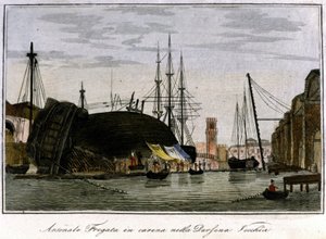 Statek zestrzelony w kadłubie. Fregata wenecka, której kadłub jest naprawiany w arsenale. Rycina XIX wieku. autorstwa Unknown artist