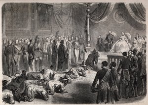 Ambasadorzy Syjamu czołgają się w kierunku francuskiej rodziny cesarskiej podczas uroczystej audiencji w Fontainebleau w obecności Napoleona III (1808-1873), Eugenii (Eugenia de Montijo autorstwa Unknown artist