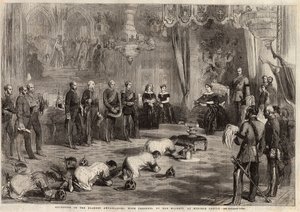Ambasadorzy Syjamu przyczołgali się do królowej Wiktorii Iere (1819-1901) i księcia Alberta (1819-1861) podczas wizyty w zamku Windsor. Grawerowanie w „Ilustrowanych londyńskich wiadomościach” z 5 grudnia 1857 r. autorstwa Unknown artist