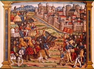 Oblężenie miasta z bombami: Ludwik XI przeciwko Liegeois. Miniatura pochodzi z rękopisu „Les epitaphes des feux kings Ludwik XIth o tym imieniu i od Karola, jego syna VIII o tym imieniu, który bóg absoe”” autorstwa Unknown artist