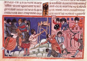 Oblężenie ufortyfikowanego miasta. Miniatura z kodeksu o faktach Julesa Cezara (101 p.n.e.-44 p.n.e) Wenecja z XIV w., Biblioteca marciana autorstwa Unknown artist