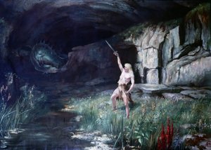 Zygfryd, stojąc twarzą do smoka Fafnera, machnął mieczem. Scena opery „Pierścień Nibelungów” Richarda Wagnera (1813 - 1883). Obraz. autorstwa Unknown artist