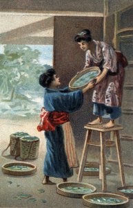 Hodowla jedwabników w japońskim magnesie. Chromolitografia z końca XIX wieku. autorstwa Unknown artist