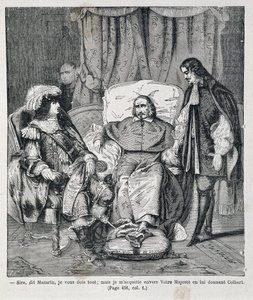 Panie, powiedział Mazarin, „Jestem ci winien wszystko, ale płacę Waszej Wysokości, dając mu Colberta”. Kardynał Jules Mazarin (Giulio Raimondo Mazzarino lub Mazarino) (1602-1661) przedstawia Jean Baptiste (Jean-Baptiste) Colbert (1619-1683) i Ludwika XIV ( autorstwa Unknown artist