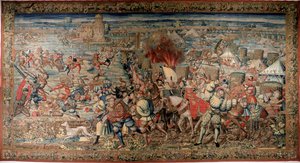 Szósta wojna włoska (1521-1526): przedstawienie bitwy pod Pawią (Pawia) z 24.02.1525, w której Francois I pokonał Karola V. Tapestry. Neapol. Narodowe Muzeum Capodimonte. autorstwa Unknown artist