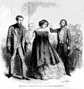 Lunatykujące przeżycia: magnetyzm i hipnoza na Bazarze de la Bonne-Nouvelle, grawerunek z 1885 roku autorstwa Unknown artist