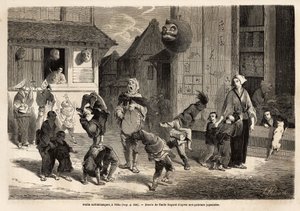 Małe saltibanki wykonujące akrobatyczne cyferki w muzyce na ulicach Yedo (lub Edo, stolicy cesarskiej, dzisiejszego Tokio). Rycina ilustrująca podróż do Japonii w latach 1863-1864 autorstwa Aime Humberta, ministra Konfederacji Szwajcarskiej, w „Le tour du  autorstwa Unknown artist