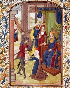 Osąd Salomona Dwie kobiety udają, że są matką tego samego dziecka. Miniatura z rękopisu z XV-wiecznej Biblioteki Uniwersytetu w Coimbrze autorstwa Unknown artist