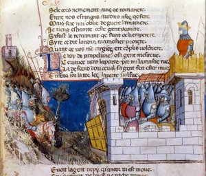 Pieśń gestu: armia szykuje się do ataku na armię wroga, schronioną w zamku i chronioną przez zwodzony most. Miniatura z rękopisu francusko-włoskiego „”Entree d