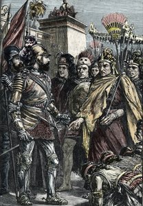 Hiszpański podbój Meksyku: spotkanie Hernana Cortesa i Montezumy II w 1519 r. autorstwa Unknown artist