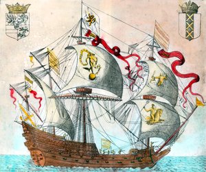 Hiszpański statek z XVI wieku. grawerunek z XVI wieku. BN, Paryż. autorstwa Unknown artist