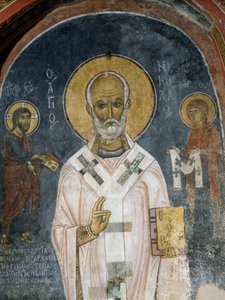 Św Mikołaj z Miry, fresk (XII w.), Kościół Ayios Nikolaos tis Steyis (Święty Mikołaj z Dachu) (XI w.) (Lista Światowego Dziedzictwa UNESCO, 2001), góry Troodos, Cypr autorstwa Unknown artist