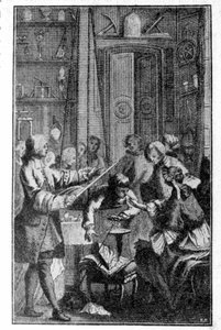 Eksperyment Stephena Graya (1670 - 1736) dotyczący przewodnictwa elektrycznego ludzkiego ciała. Rycina XIX wieku. autorstwa Unknown artist