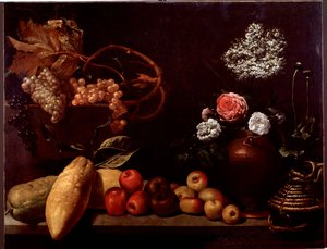 Martwa natura z różami, krzewami, cytrynami i winogronami (malarstwo) autorstwa Unknown artist