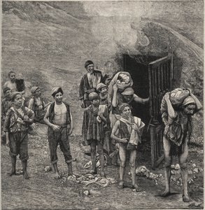 Wydobycie siarki (Zolfara) na Sycylii, rysunek autorstwa Unknown artist