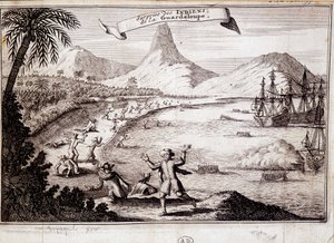 Niespodzianka Indian przy lądowaniu Krzysztofa Kolumba na Gwadelupie (karawele) - grawer autorstwa Unknown artist