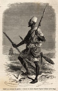 Talibe (młody student studiujący Koran) z armii króla Ahmadu (Tukuuleur), w kostiumie wojennym. Grawer ilustrujący podróż do Sudanu Zachodniego porucznika (marynarki) M.Mage, w latach 1863-1866, opublikowany w „Le tour du monde, nouveau journal des voyage autorstwa Unknown artist