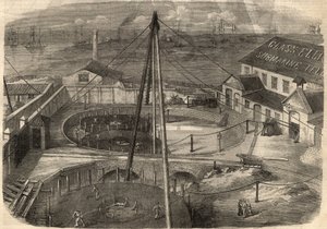 Telegrafia: kabel transatlantycki wyprodukowany w fabryce szkła Elliot and Company w East Greenwich (Anglia) jest gotowy do dostarczenia. Grawerowanie w „The Illustrated London News”” z 14 marca autorstwa Unknown artist