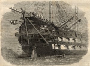 Telegrafia: widok na rufę statku H.M.S. „Agamemnon”, który ułoży pierwszy kabel transatlantycki. Grawerowanie w „The Illustrated London News”” z 5 czerwca autorstwa Unknown artist