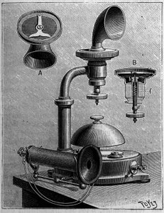 Telefonia w Szwecji: model telefonu firmy Ericsson. Rycina w „Przyroda: przegląd nauk i ich zastosowania w sztuce i przemyśle” z dnia 23 marca 1889 r. autorstwa Unknown artist