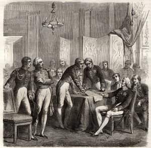 Sojusz z 1834 r. między Wielką Brytanią, Francją, Hiszpanią i Portugalią w celu wyegzekwowania koncesji Evoramonte - W obliczu roszczeń Don Carlosa do hiszpańskiego tronu, Sojusz Czteroosobowy (Charles-Maurice de Talleyrand - Don Manuel Pando-Fernandez autorstwa Unknown artist