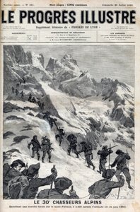 30. alpejskich myśliwych przeprowadzających przymusowy marsz na górę Pelvoux na wysokości 3400 metrów w dniach 21-24 czerwca 1895 r. - rycina w „Le Progres illustrious” z 1895 r. autorstwa Unknown artist