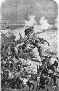 75-letni weteran John Talot został odcięty, by poprowadzić ekspedycję liczącą 3000 ludzi, która zjechała z baru w Guyenne 17 października 1452 roku. Rycina przedstawiająca śmierć Talbota w bitwie. Rycina XIX wieku. autorstwa Unknown artist