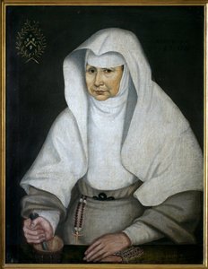 Siostra Aptekarka Pierrette Monnet (1557-1628) z Hotelu Dieu de Beaune. Reprezentowany w moździerzu, a jego tłuczek ma rękę. Anonimowy obraz, olej na płótnie autorstwa Unknown artist