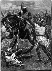 Bitwa pod Evesham, 4 sierpnia 1265. (ok. 1800). Evesham oznaczał koniec drugiej wojny baronów. Siły rojalistyczne dowodzone przez księcia Edwarda (Edwarda I) pokonały Simona de Montfort (ok. 1208-1265), który zginął w bitwie. Tutaj Henryk III (1207-1272),  autorstwa Unknown artist