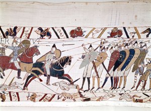 Bitwa pod Hastings, wygrana przez Wilhelma I Zdobywcę (1027-1087) w dniu 14.10.1066 i podczas której zginął król Anglii Harold II (1022-1066). Gobelin z Bayeux, znany jako Haft królowej Matyldy autorstwa Unknown artist