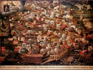 Bitwa pod Lepante u wybrzeży Grecji przeciwstawiła Turkom siły hiszpańskie, weneckie i papieża w 1571 roku. Malarstwo anonimowe. 16 wiek. Muzeum Correr w Wenecji autorstwa Unknown artist