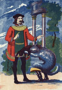 Boot Cat oferuje królowi królika. Ilustracja do „”Le chat Botte””, opowiadania Charlesa Perraulta (1628-1703), francuskiego pisarza. Anonimowa ilustracja. Zdjęcia Marcel Vagne, Jarville Nancy, bez daty (koniec XIX wieku). autorstwa Unknown artist