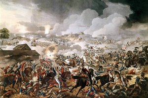 Armia brytyjska dowodzona przez księcia Wellington (1769 - 1852) wygrała bitwę pod Waterloo przeciwko francuskim wojskom Napoleona I 18.06.1815. Grawerowanie okresu. autorstwa Unknown artist