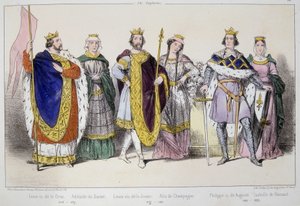 Kapetyjczycy. Od lewej do prawej: Ludwik VI mówi Gros (1081 - 1137), Adelajda lub Alix of Savoy (? -1154), Ludwik VII mówi młodszy (1120 - 1180), Alix of Champagne (1140-1206), Filip II Augusta (1165-1223) i Izabeli Hainaut (1170-1190). autorstwa Unknown artist