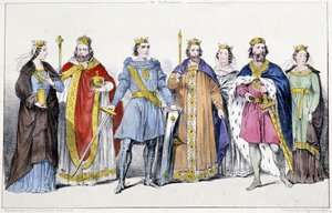 Karolingowie: Ryszarda (845 – po 887) i Karol III Le Gros (839-888), Arnulf z Karyntii (ok. 850-899), Ludwik IV z Outremer (920-954) i Gerberge z Germanii (913-984) , Lothaire IV (941-986) i Emma z Włoch (948-1006) - Talerz z Kings and Fr autorstwa Unknown artist