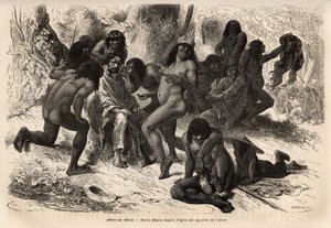 Indianie Chunchos zaatakowali drużynę Marcoya w dolinie Caravaya (Andes cordilliere), ale ci ostatni nie mieli czym latać, Indianie bawili się rozbierając odkrywców i zlepiając ich z nasion rockoo. Grawerowanie pour illustrrer le voyage dans le autorstwa Unknown artist