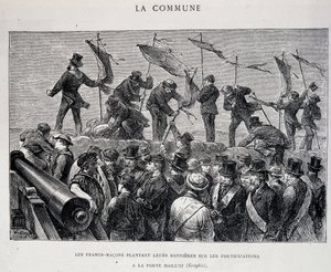Komuna: Masoni umieszczający swoje sztandary na fortyfikacjach Porte Maillot (1871) - rycina autorstwa Unknown artist